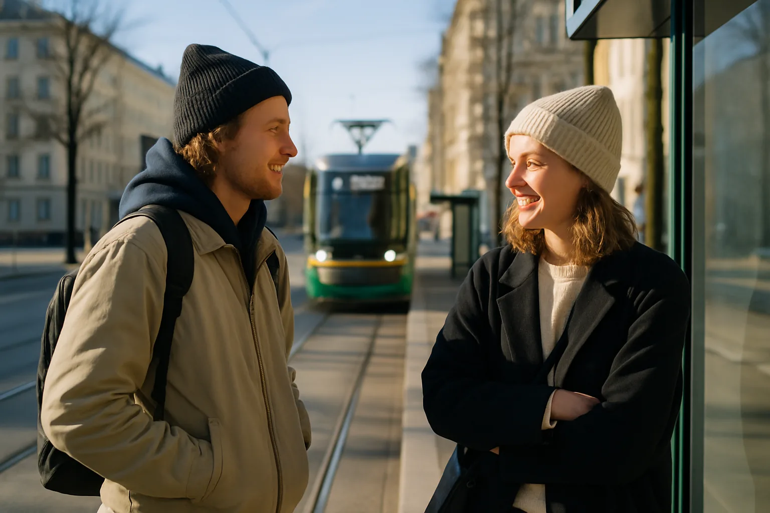 Two young adults chatting at a Helsinki tram stop on a bright morning