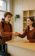 Two students shaking hands across a reception desk in a student housing office
