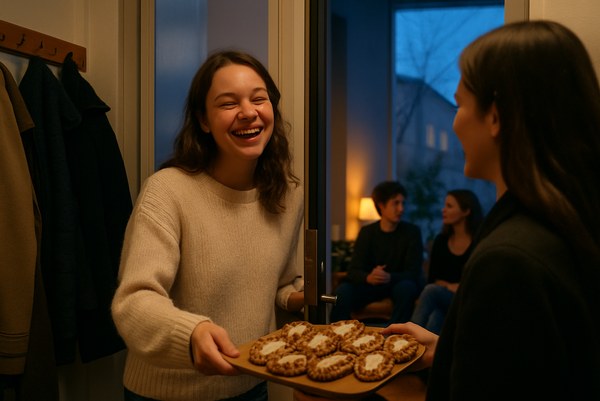 A young woman opening the door to a friend carrying a tray of Karelian pastries at an evening party